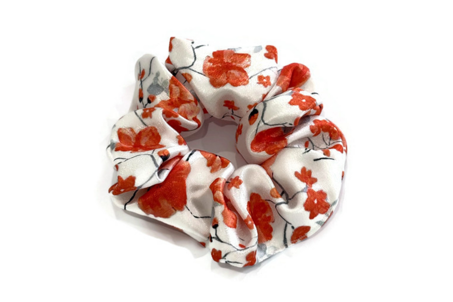 Orange Flower Print Satin Scrunchies