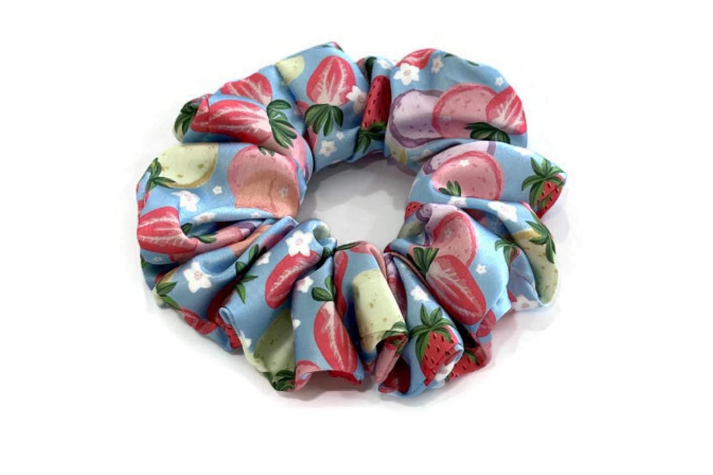 Pastel Strawberry Print Satin Scrunchies