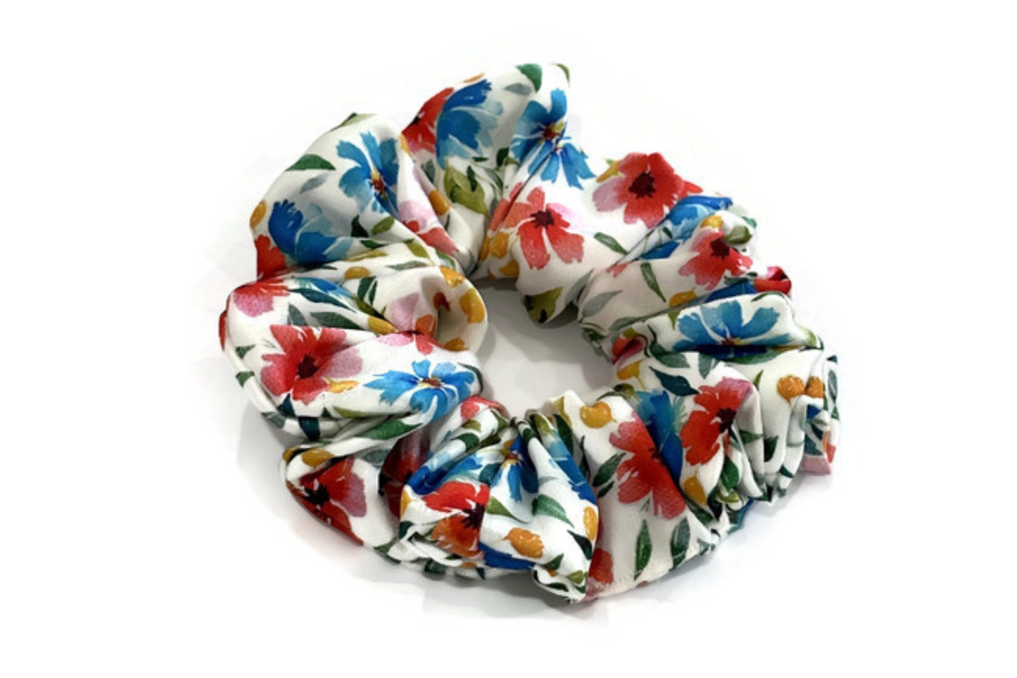 Red and Blue Floral Print Satin Scrunchies